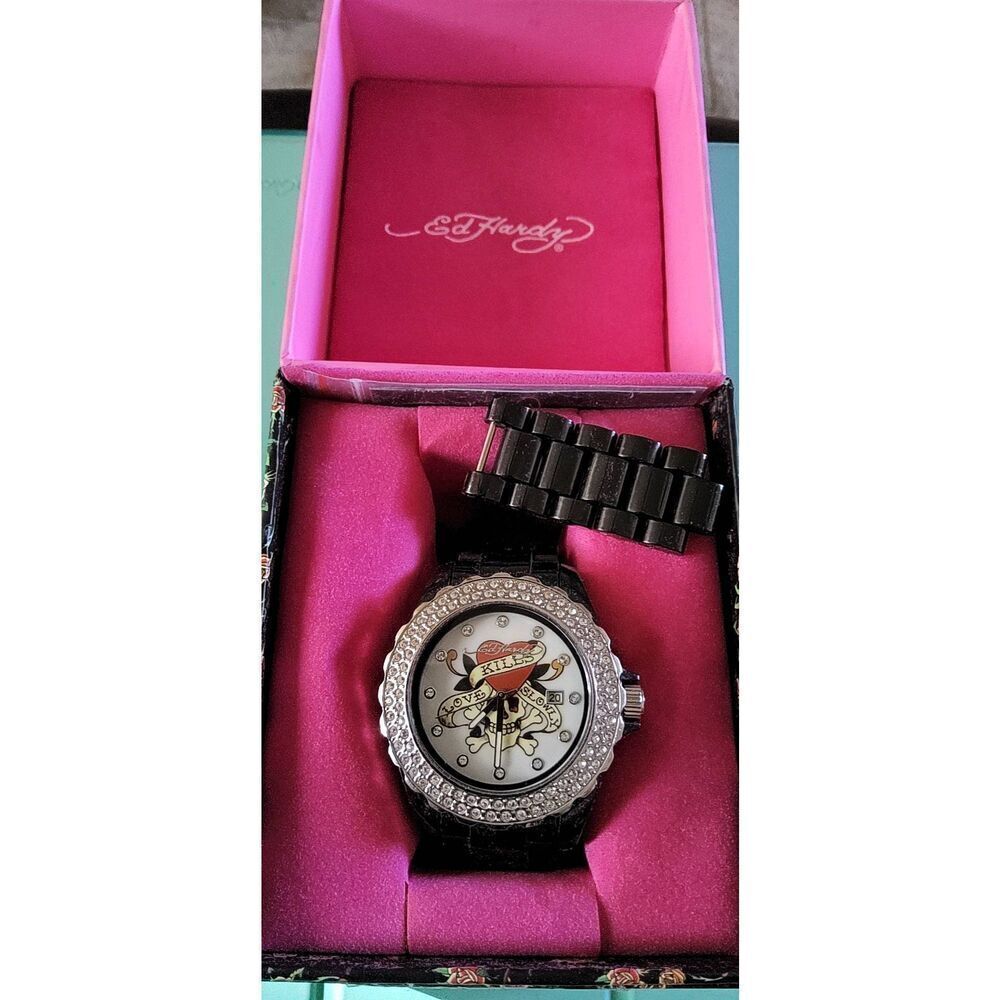 ED HARDY Black Love Kills Slowly Rhinestone Bezel Watch~Boxed